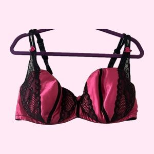 Pink Satin and Black Lace Balconette Bra